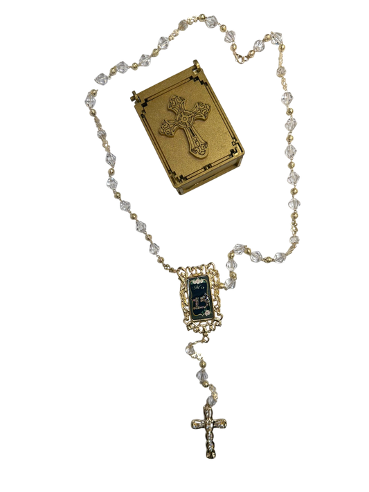 Crystal Quinceañera Rosary with Decorative Gold Prayer Box & "Mis 15" Centerpiece - Mis Quince Primaveras
