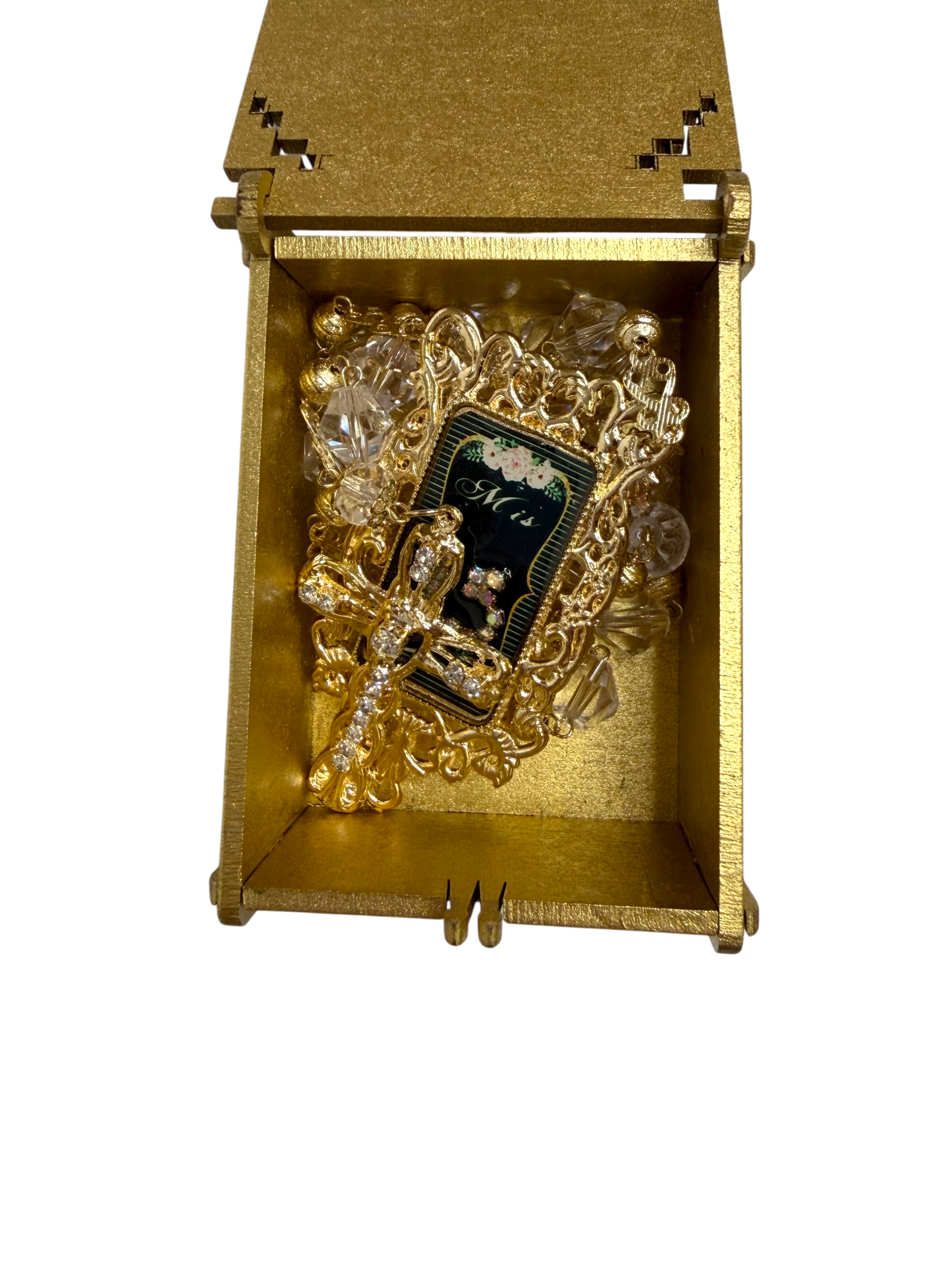 Crystal Quinceañera Rosary with Decorative Gold Prayer Box & "Mis 15" Centerpiece