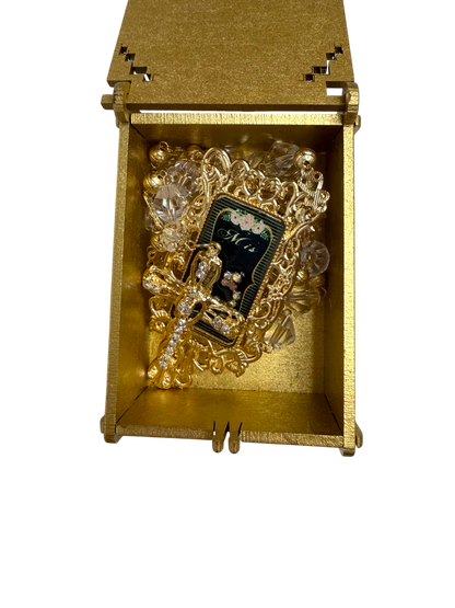 Crystal Quinceañera Rosary with Decorative Gold Prayer Box & "Mis 15" Centerpiece