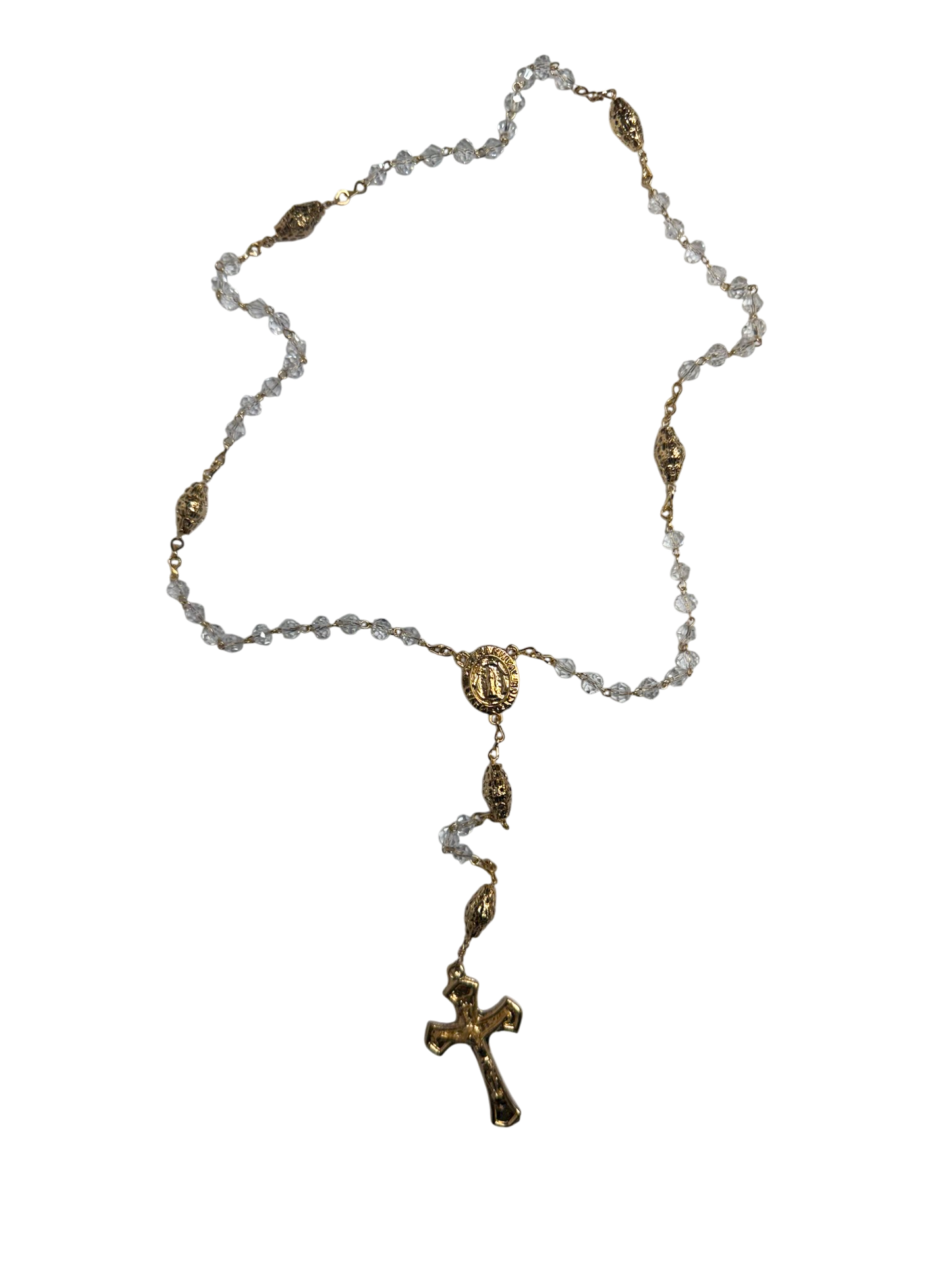 Gold Crystal Catholic Rosary with Clear Faceted Beads