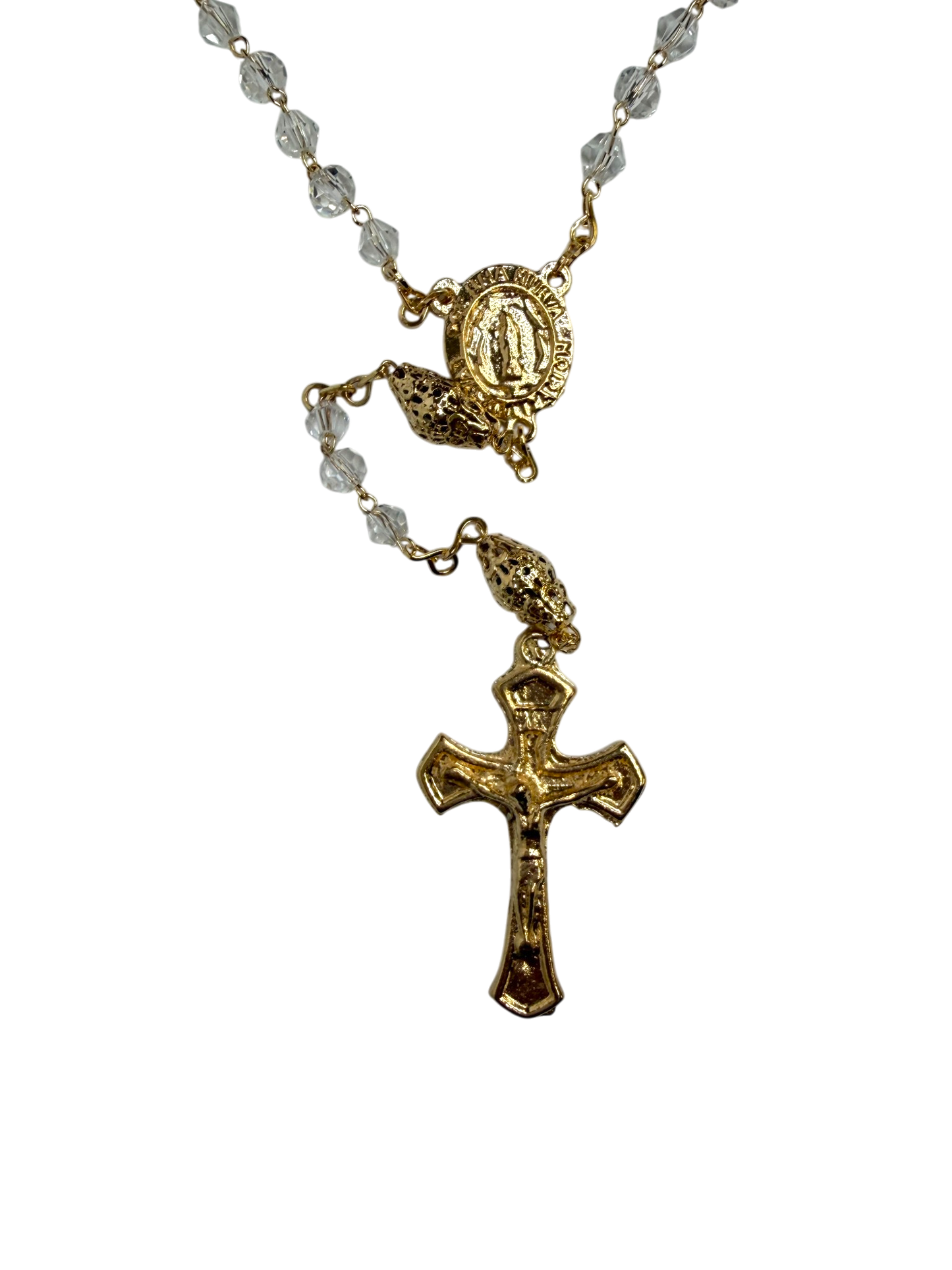 Gold Crystal Catholic Rosary with Clear Faceted Beads
