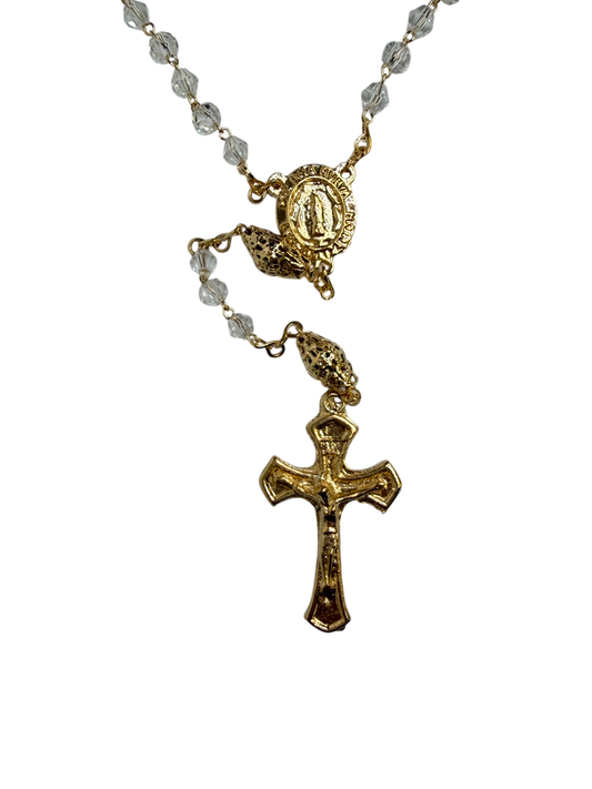 Gold Crystal Catholic Rosary with Clear Faceted Beads - Mis Quince Primaveras
