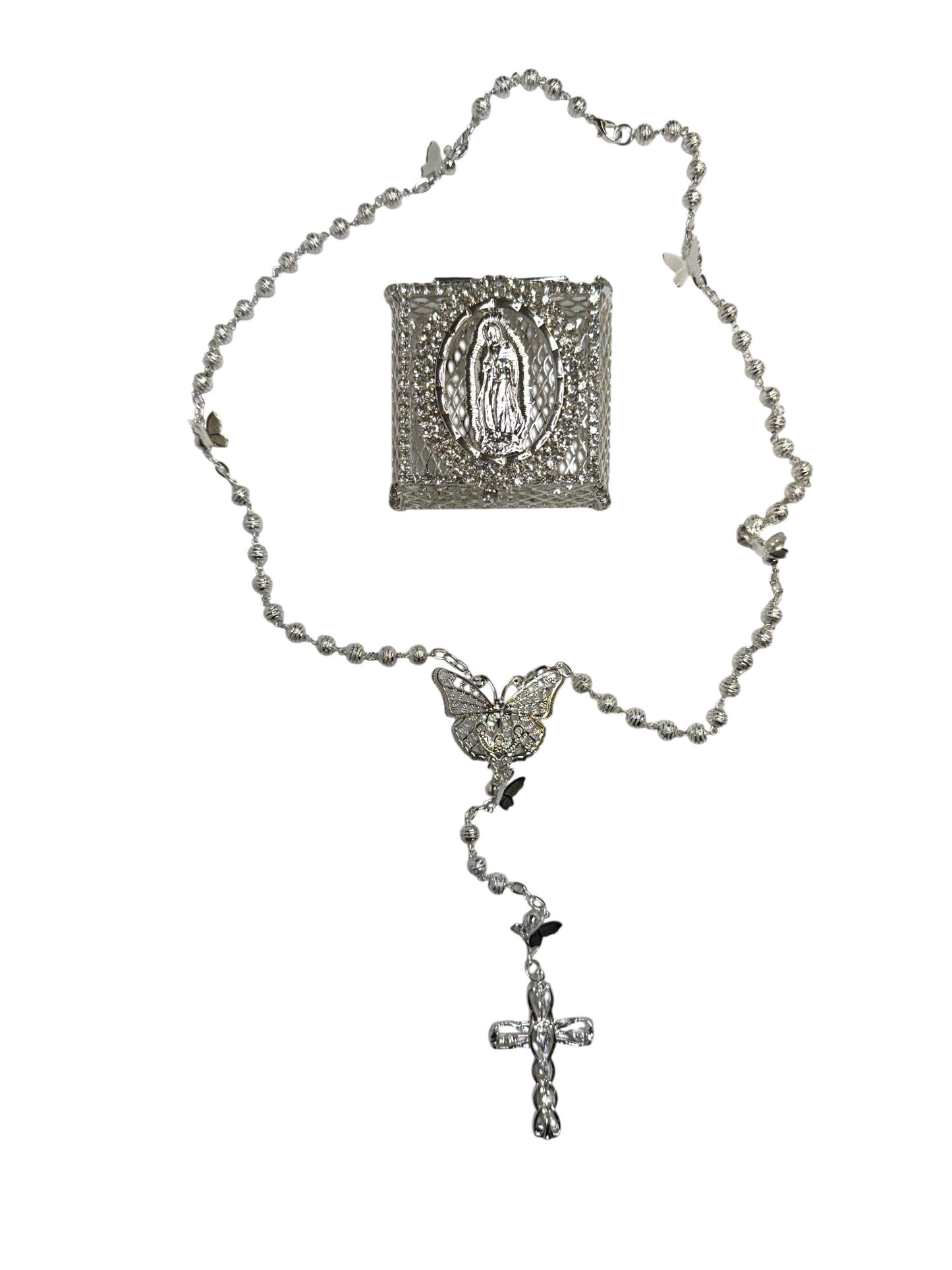 Silver Quinceañera Rosary Gift Set with Butterfly & Virgin Box