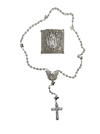 Silver Quinceañera Rosary Gift Set with Butterfly & Virgin Box