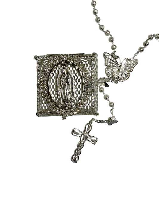 Silver Quinceañera Rosary Gift Set with Butterfly & Virgin Box - Mis Quince Primaveras