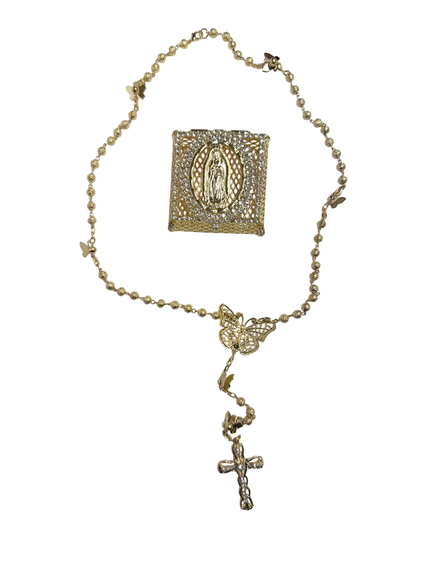 Gold Quinceañera Rosary Gift Set with Butterfly & Virgin Keepsake Box