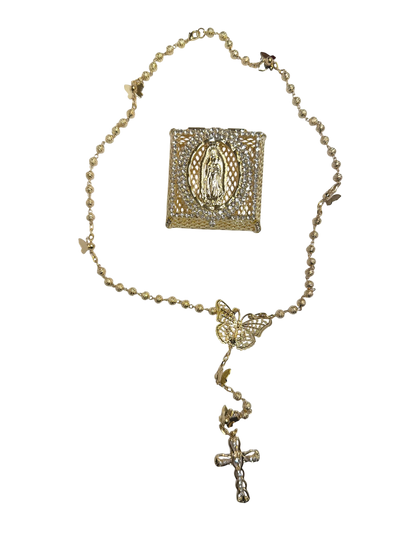Gold Quinceañera Rosary Gift Set with Butterfly & Virgin Keepsake Box