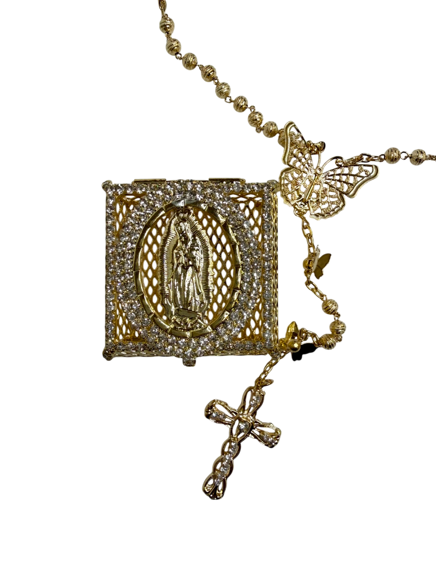 Gold Quinceañera Rosary Gift Set with Butterfly & Virgin Keepsake Box