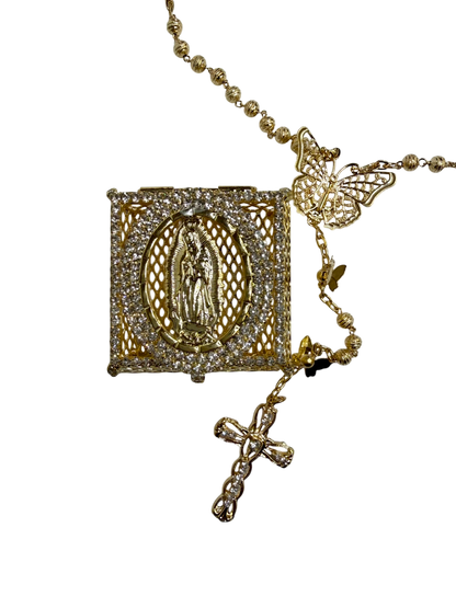 Gold Quinceañera Rosary Gift Set with Butterfly & Virgin Keepsake Box