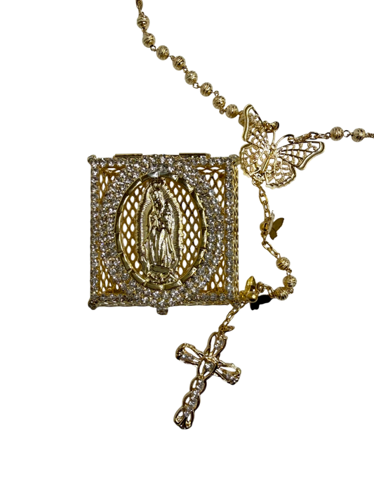 Gold Quinceañera Rosary Gift Set with Butterfly & Virgin Keepsake Box - Mis Quince Primaveras