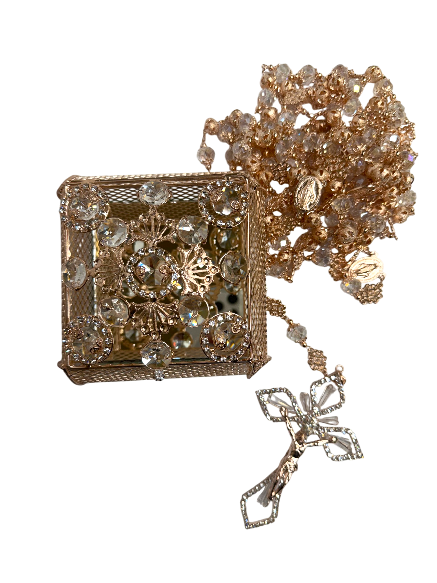 Lazo de Boda Oro Rosa con Cristales y Cofre Decorativo de Lujo