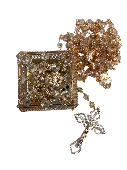 Lazo de Boda Oro Rosa con Cristales y Cofre Decorativo de Lujo