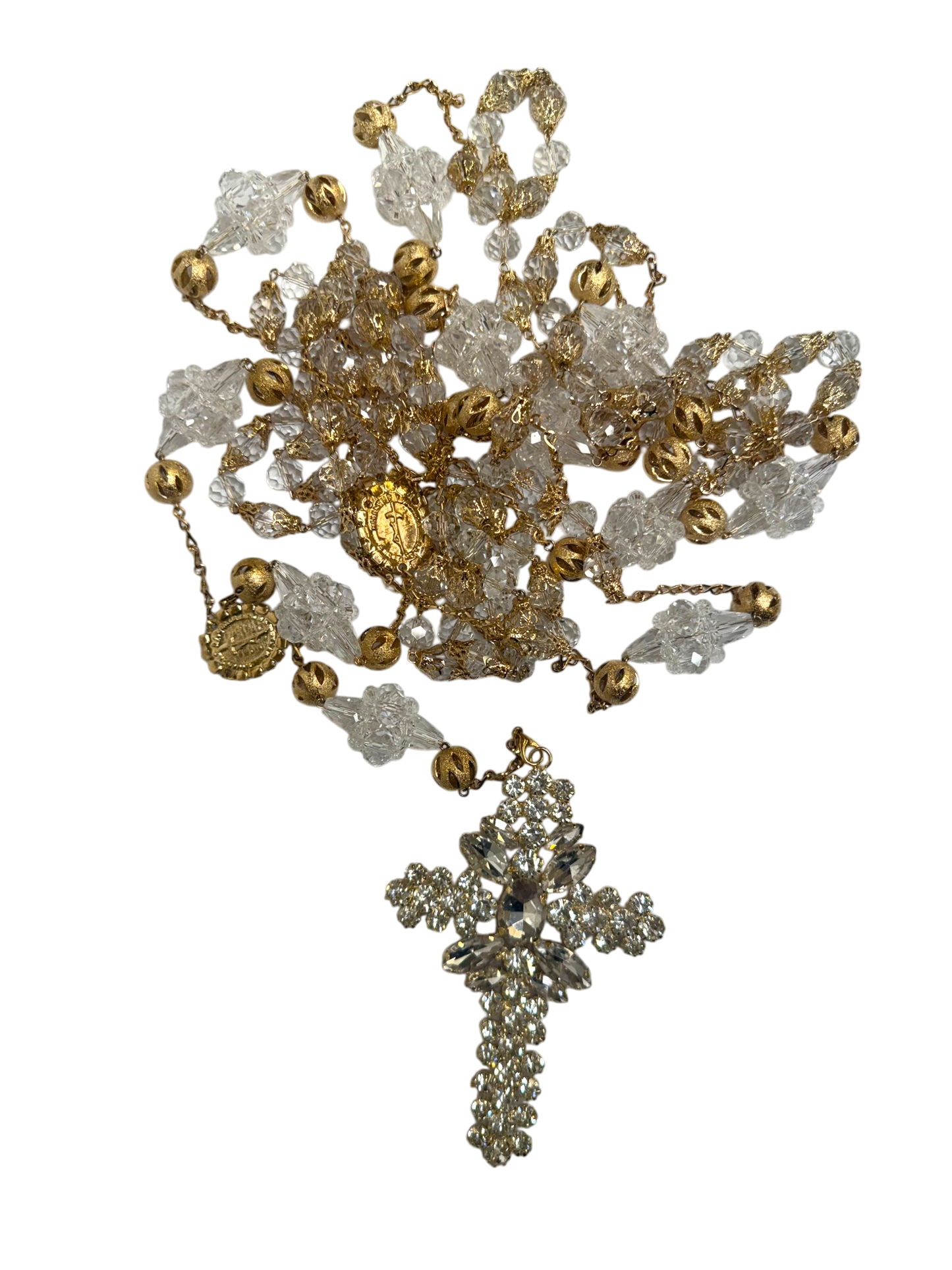 Lazo Matrimonial de Cristal Transparente con Cruz de Pedrería y Medalla de la Virgen