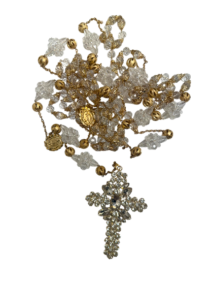 Lazo Matrimonial de Cristal Transparente con Cruz de Pedrería y Medalla de la Virgen