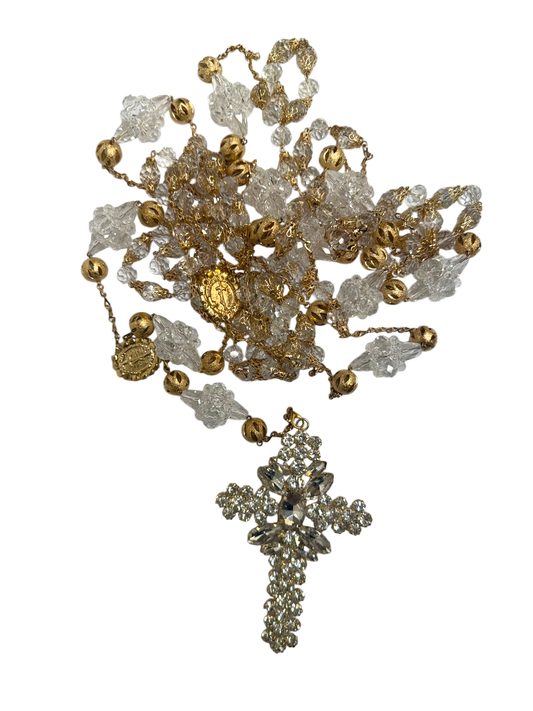 Lazo Matrimonial de Cristal Transparente con Cruz de Pedrería y Medalla de la Virgen