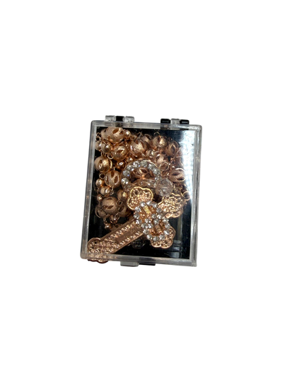 Rosario de Cristal Oro Rosa con Cruz de Pedrería y Anillos de Unión