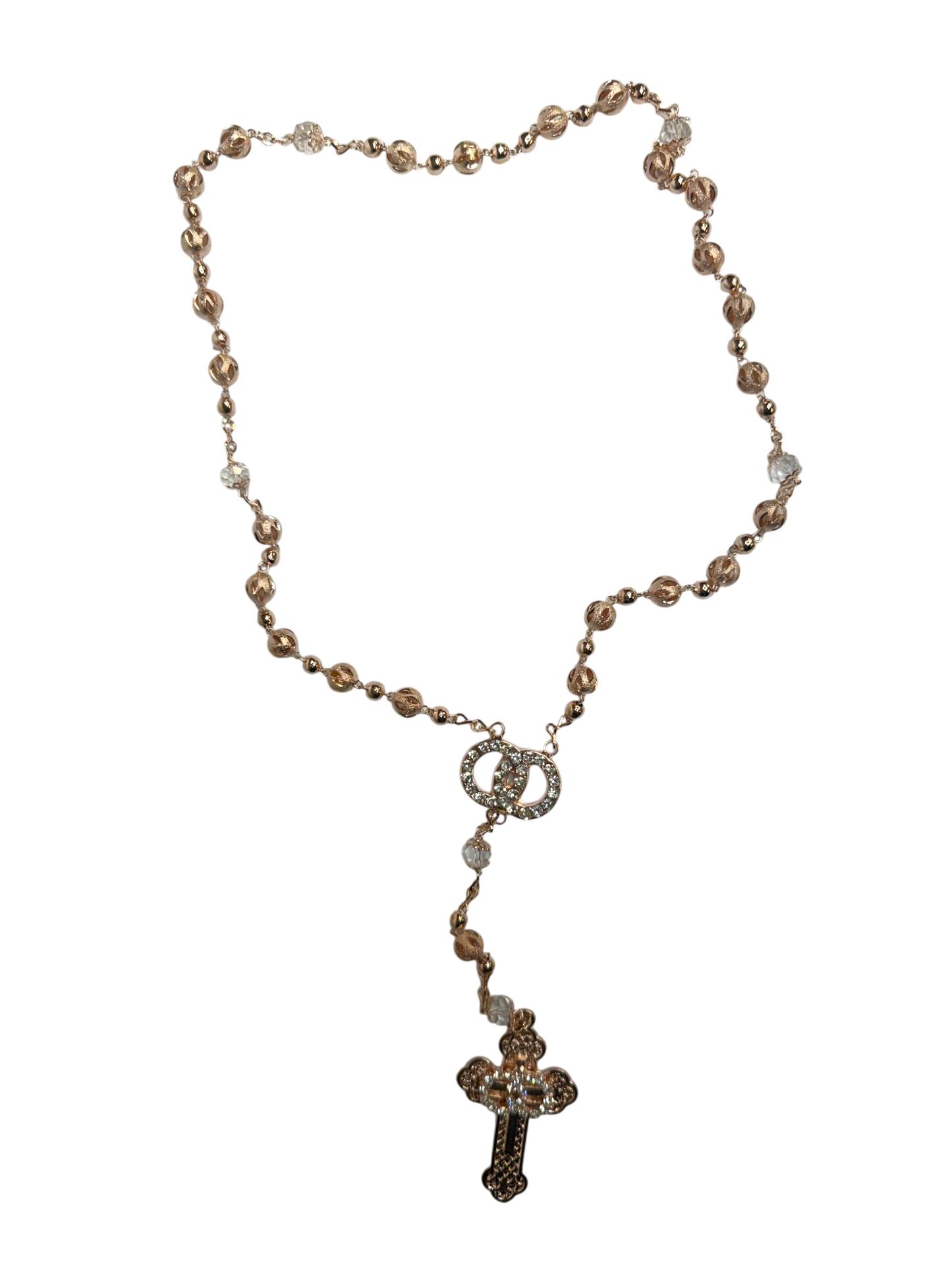 Rosario de Cristal Oro Rosa con Cruz de Pedrería y Anillos de Unión