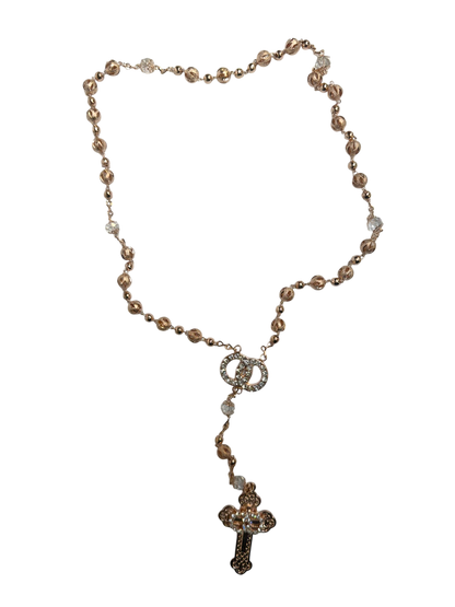 Rosario de Cristal Oro Rosa con Cruz de Pedrería y Anillos de Unión