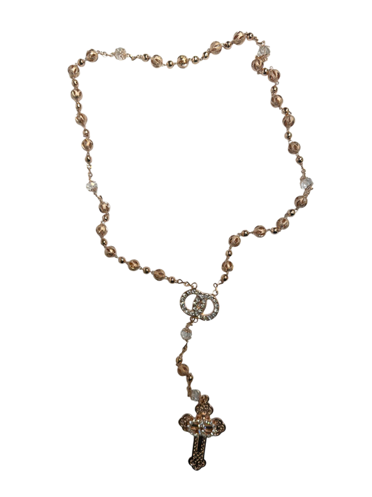 Rosario de Cristal Oro Rosa con Cruz de Pedrería y Anillos de Unión