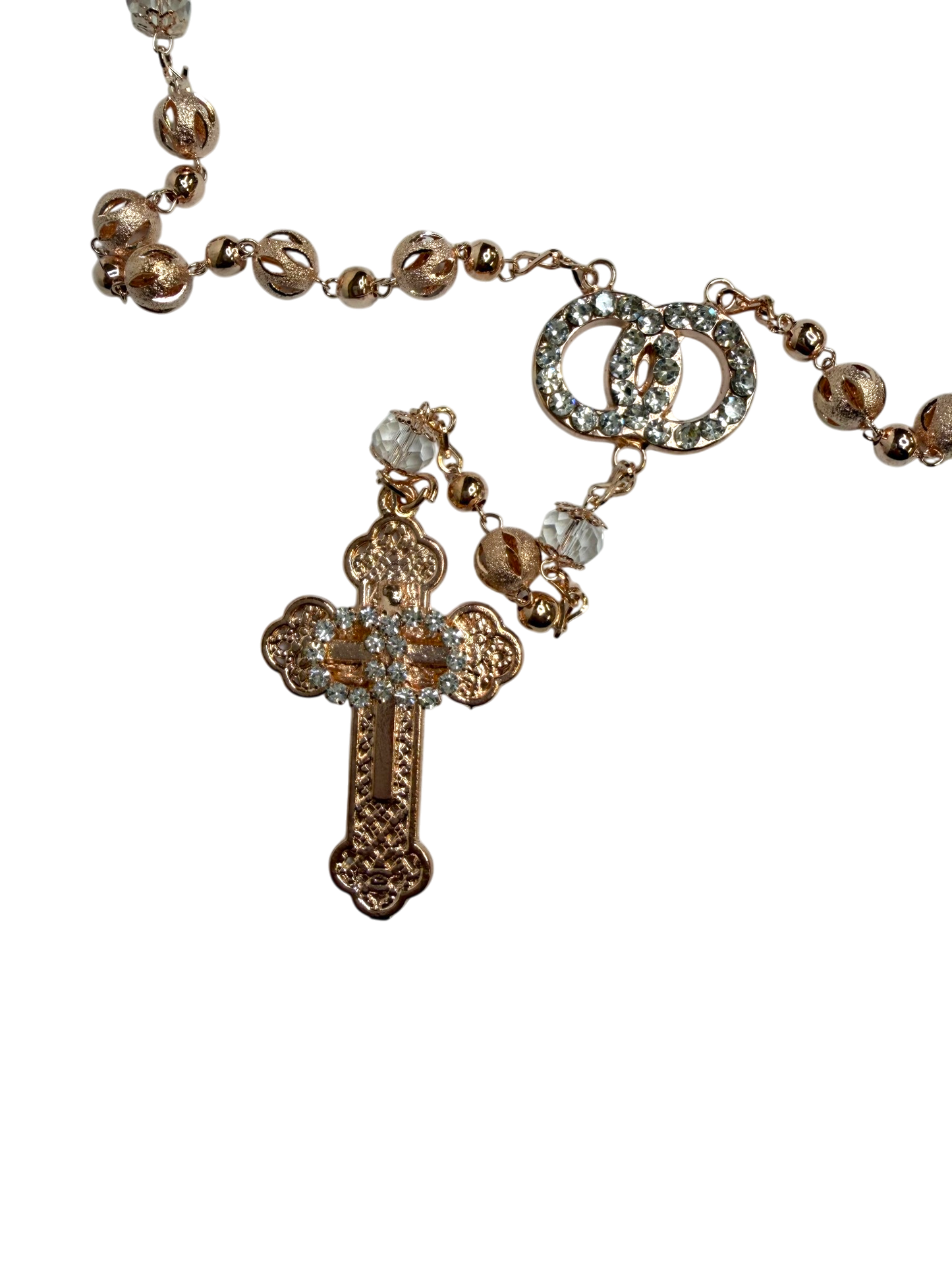 Rosario de Cristal Oro Rosa con Cruz de Pedrería y Anillos de Unión