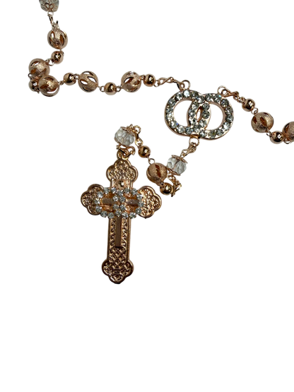 Rosario de Cristal Oro Rosa con Cruz de Pedrería y Anillos de Unión