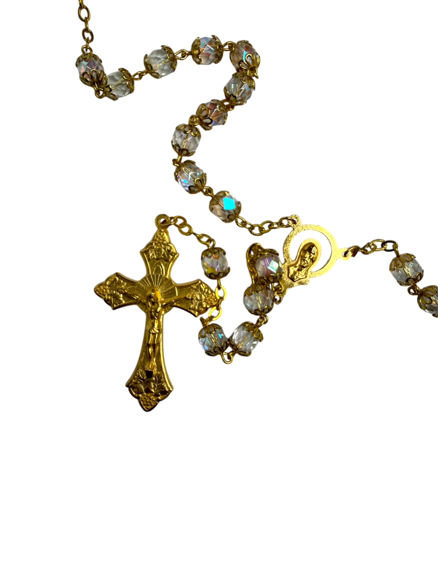 Rosario Católico Dorado con Cristales Aurora Boreal y Crucifijo Clásico