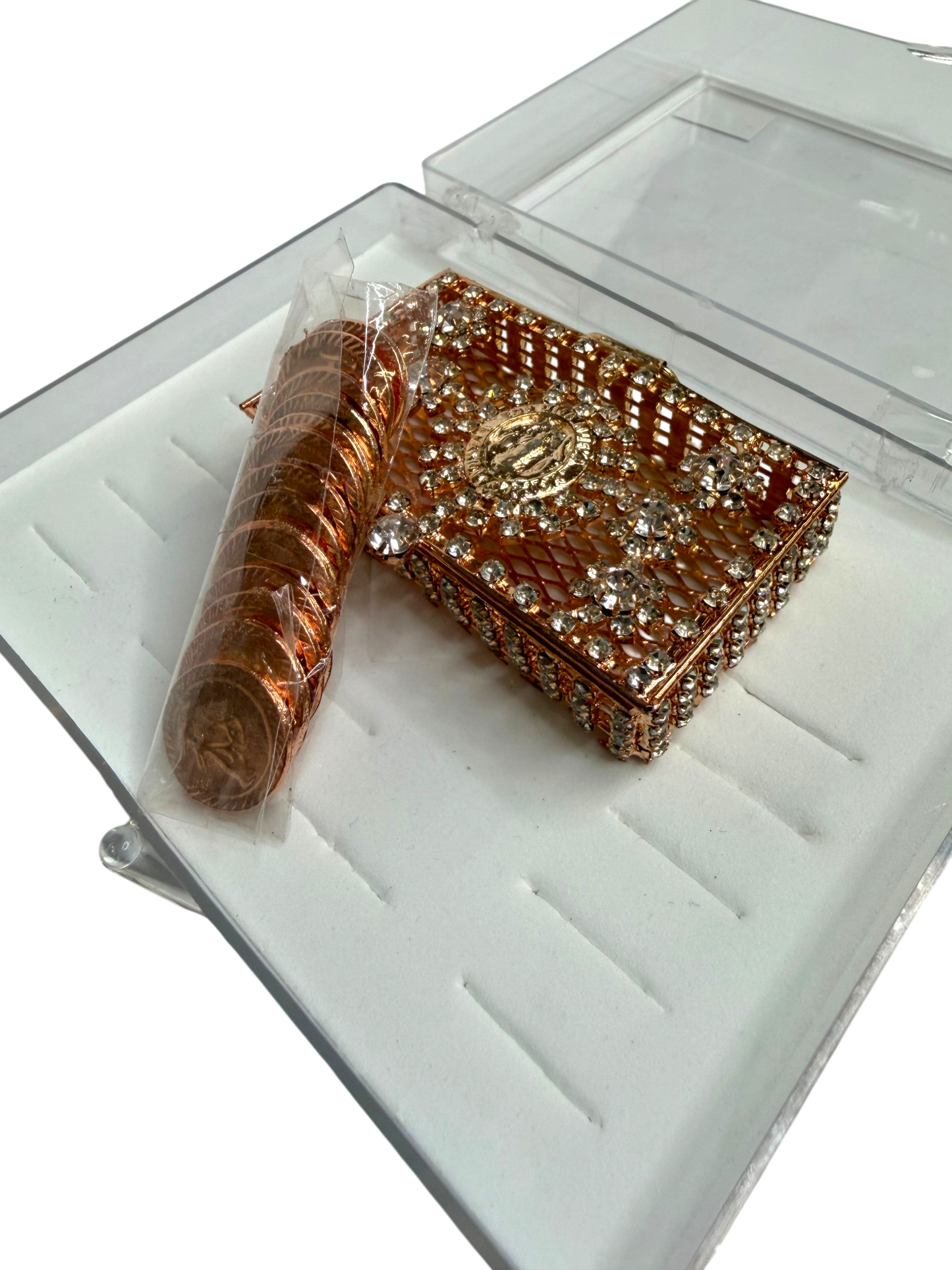 Arras Matrimoniales Oro Rosa con Caja de Virgen de Guadalupe