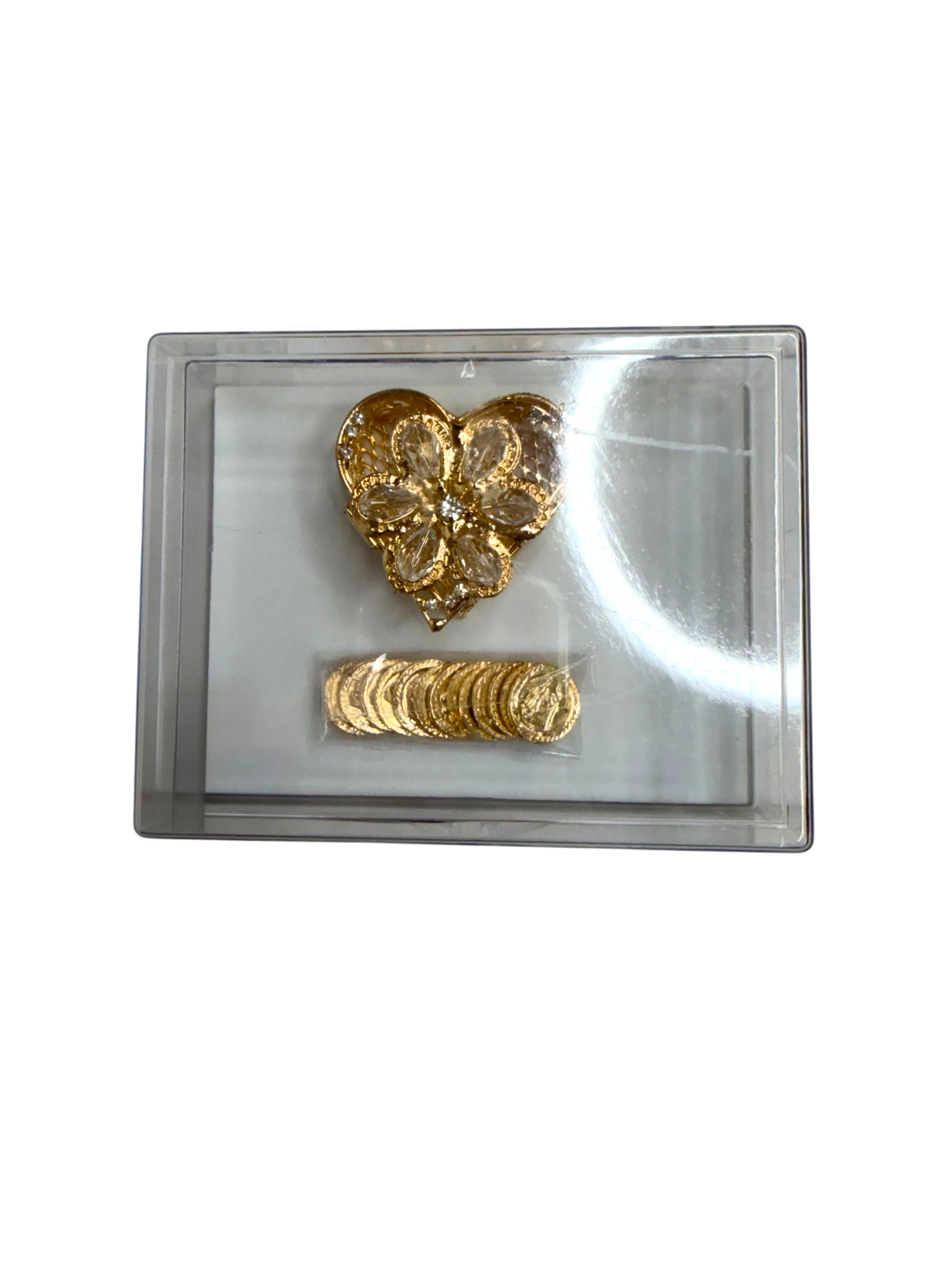 Arras Matrimoniales Doradas con Caja Corazón de Cristal