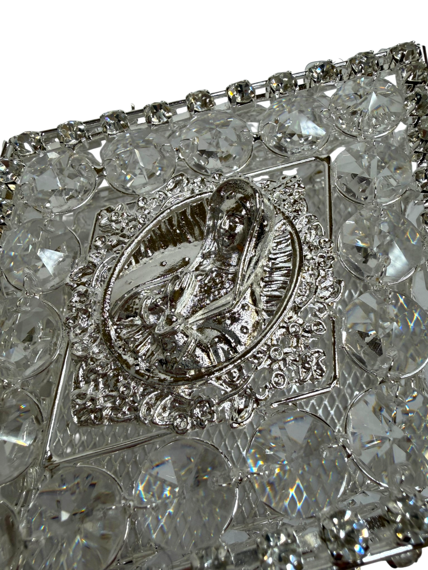 Caja para Arras Plateada con Cristales y Virgen de Guadalupe