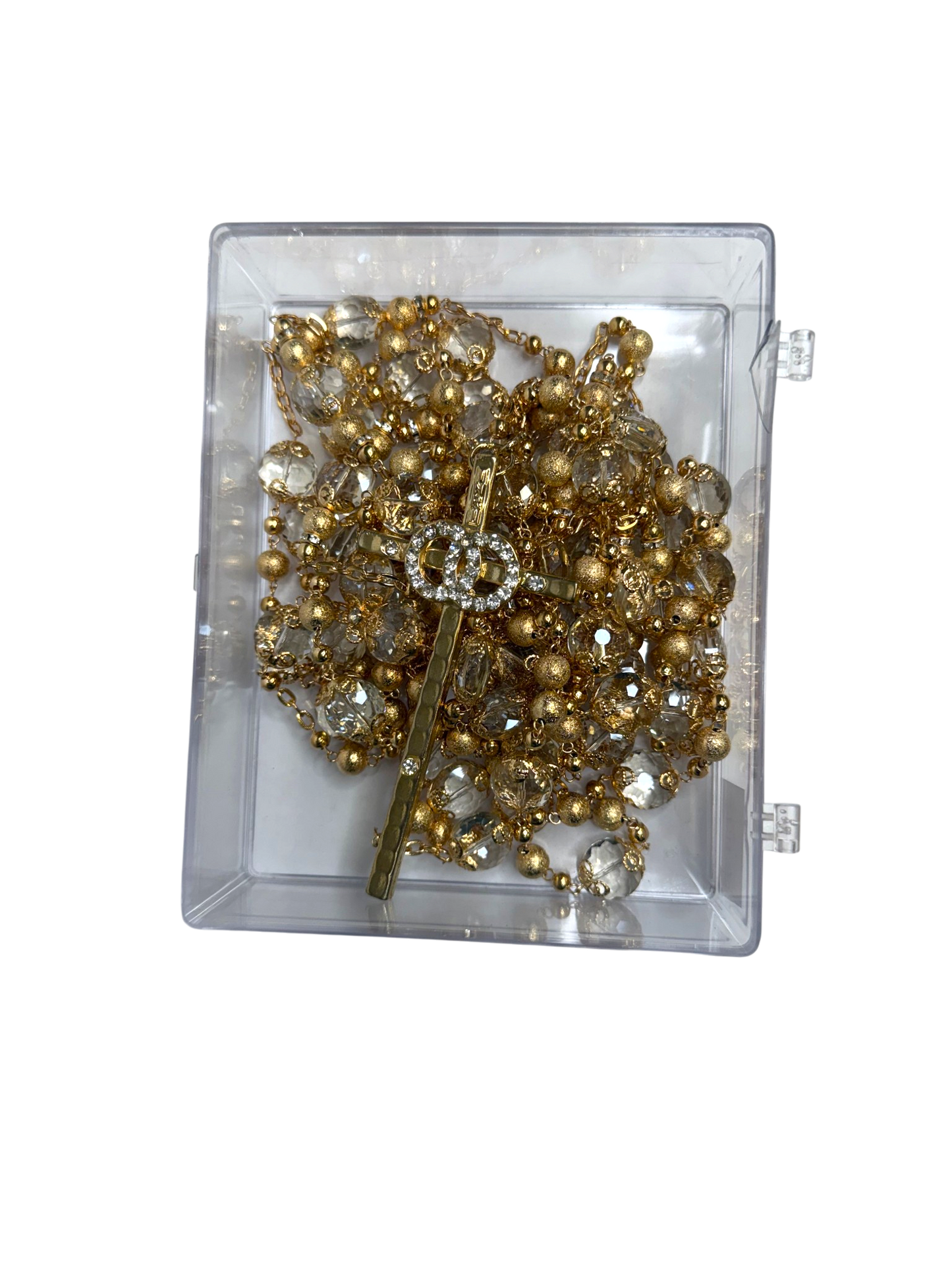 Lazo de Boda de Cristal con Cruz y Anillos Dorados