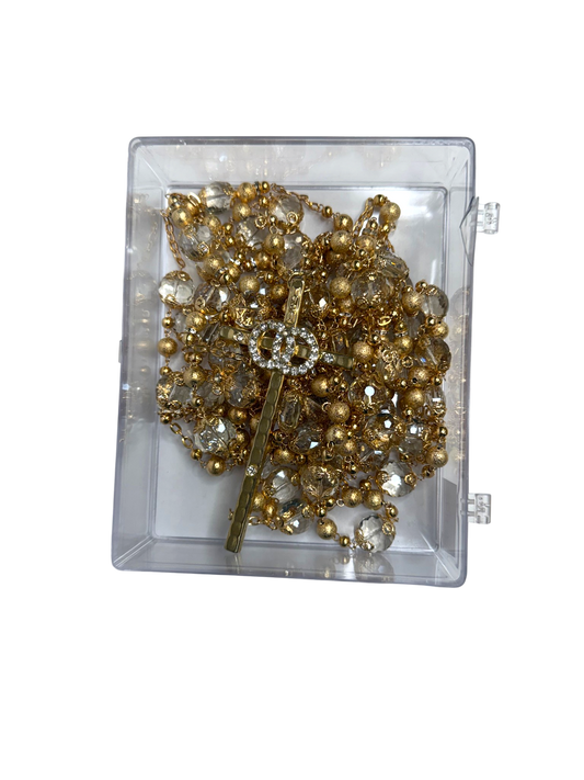 Lazo de Boda de Cristal con Cruz y Anillos Dorados