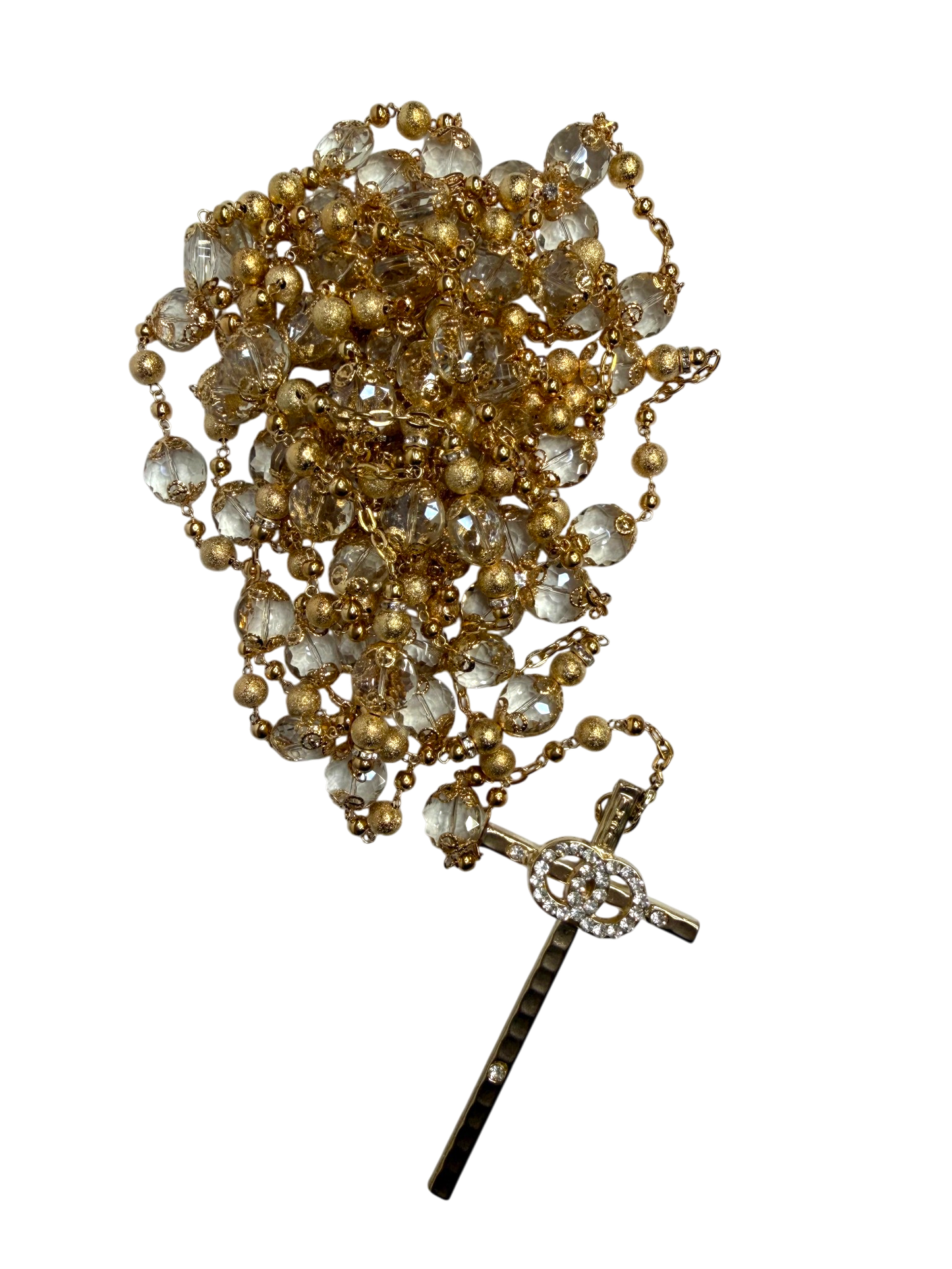 Lazo de Boda de Cristal con Cruz y Anillos Dorados