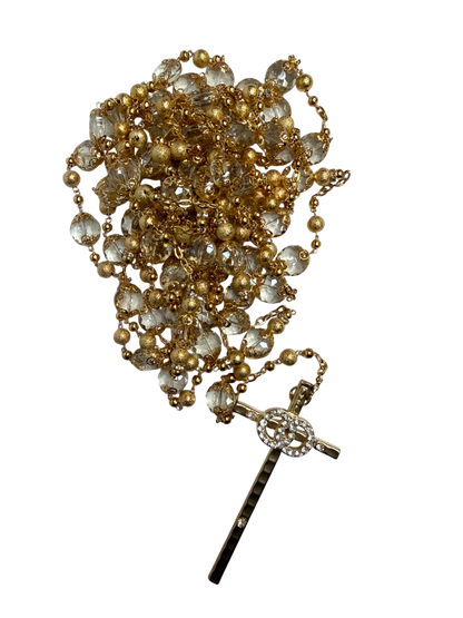 Lazo de Boda de Cristal con Cruz y Anillos Dorados