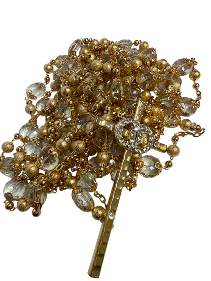Lazo de Boda de Cristal con Cruz y Anillos Dorados