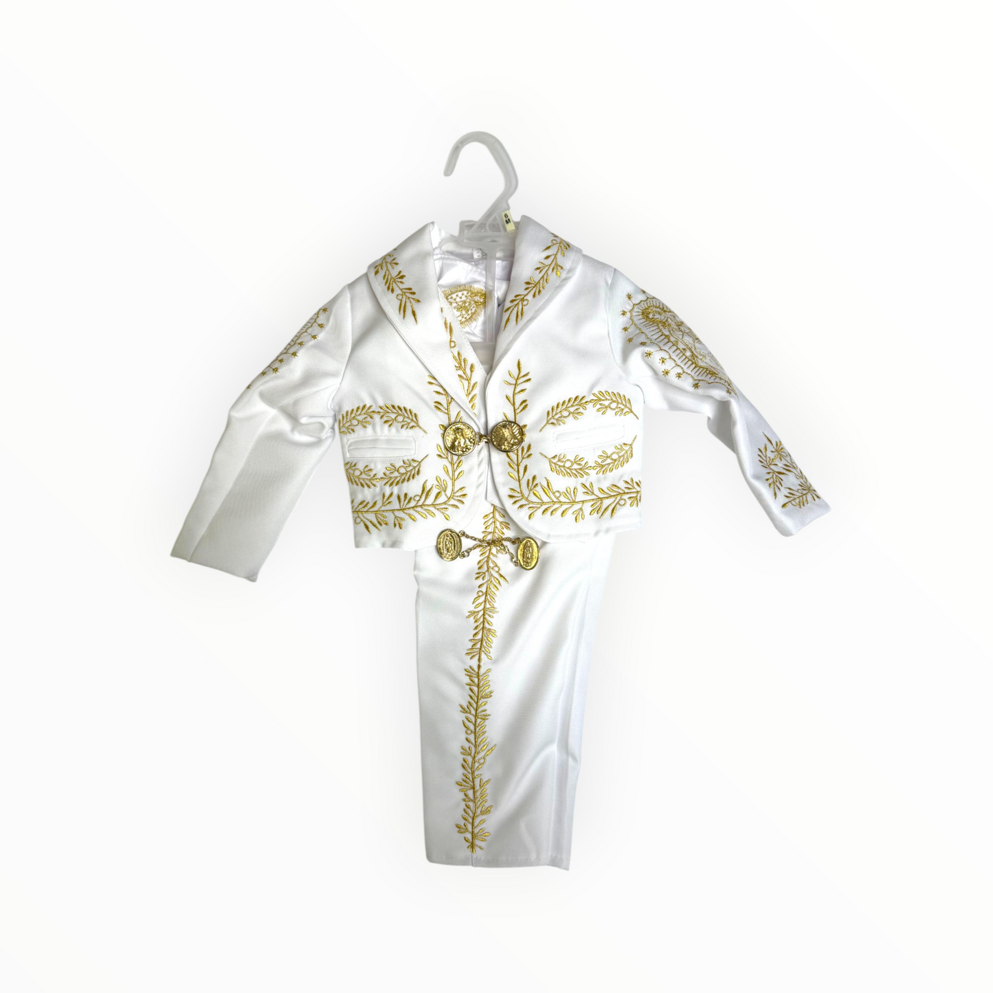 White & Gold Virgen de Guadalupe Charro Baptism Suit