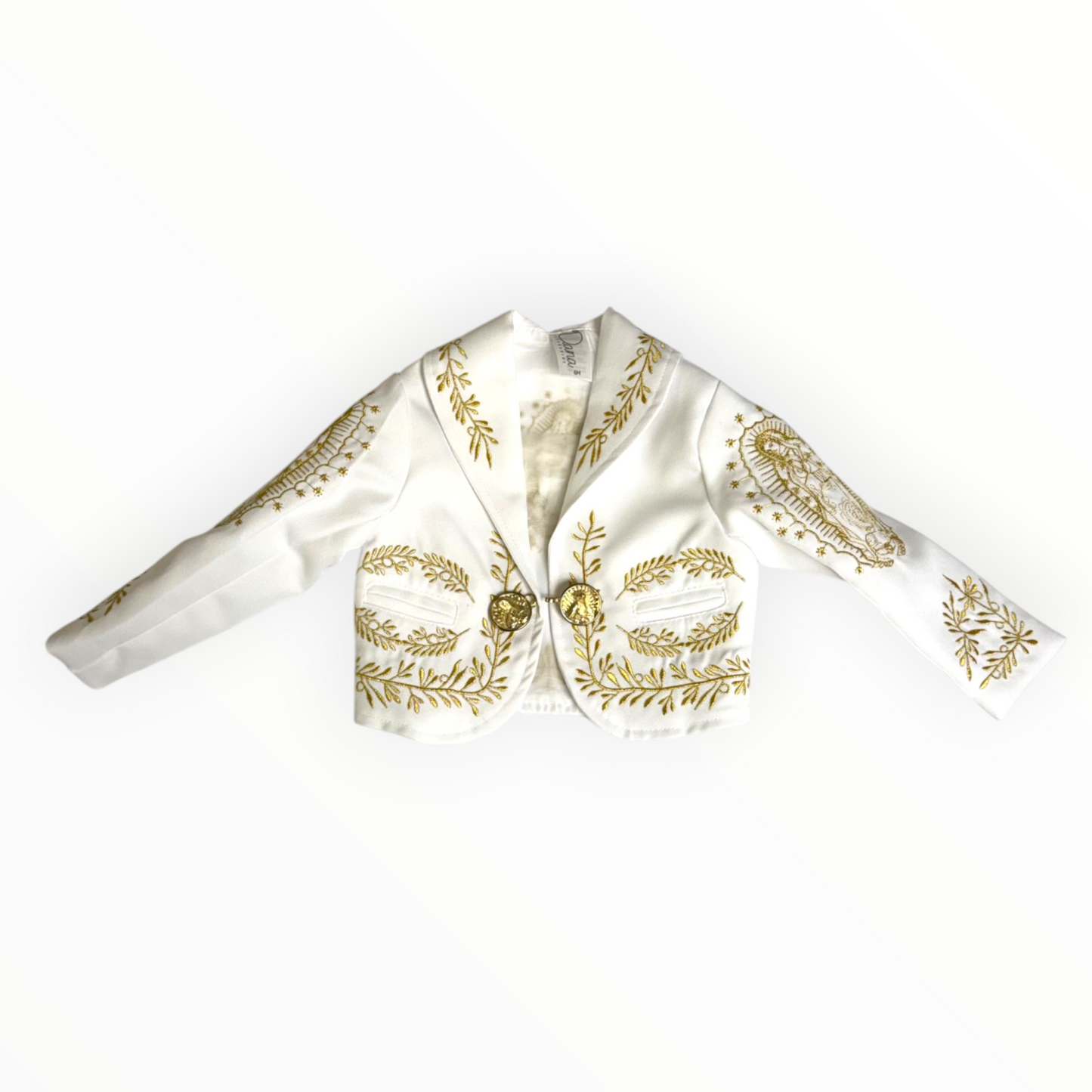 White & Gold Virgen de Guadalupe Charro Baptism Suit