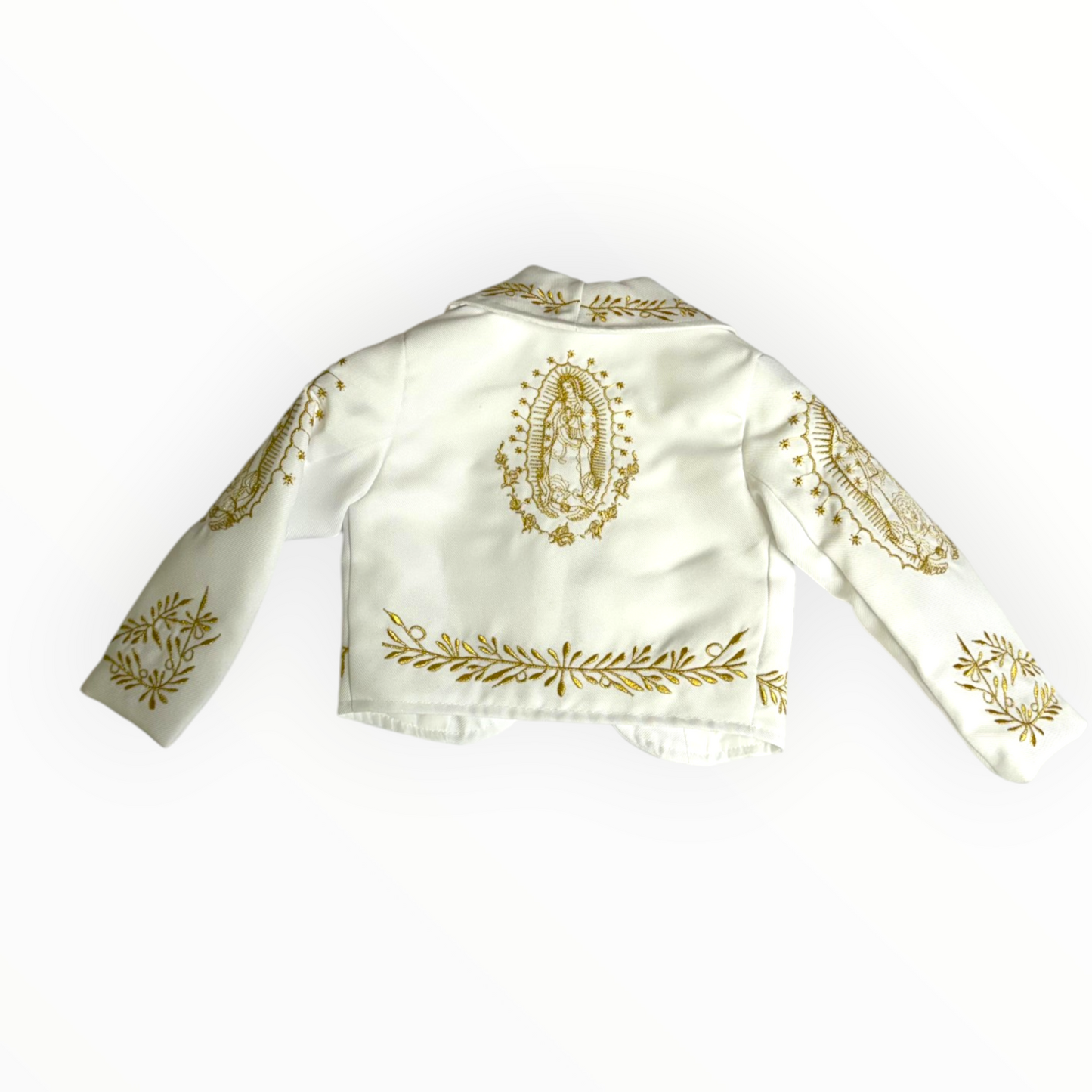 White & Gold Virgen de Guadalupe Charro Baptism Suit