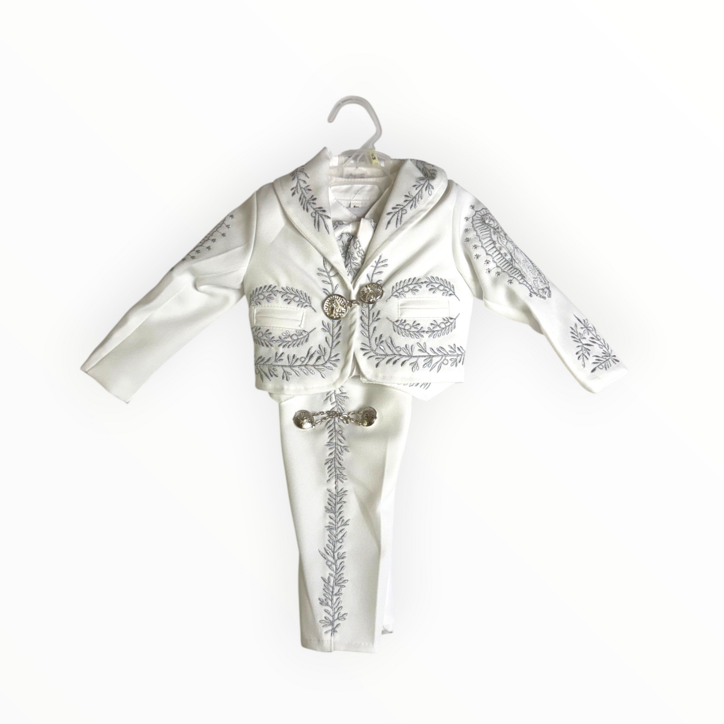 White & Silver Virgen de Guadalupe Charro Baptism Suit
