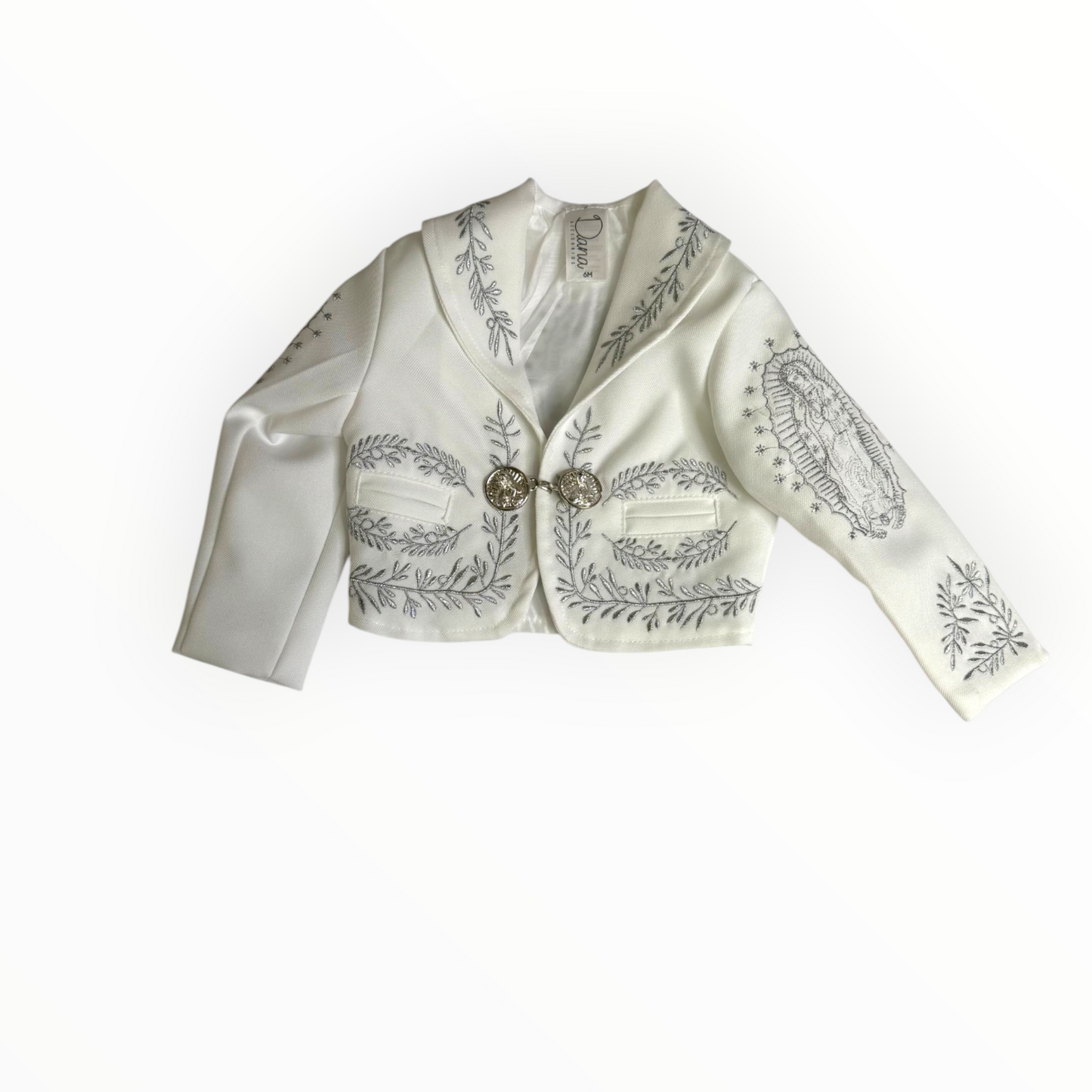 White & Silver Virgen de Guadalupe Charro Baptism Suit