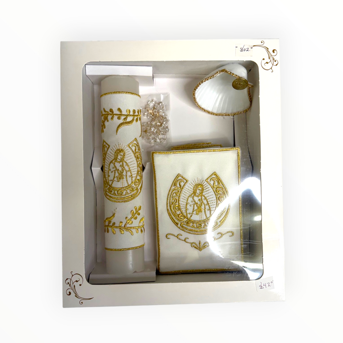 Virgen de Guadalupe Baptism Candle Set – White & Gold