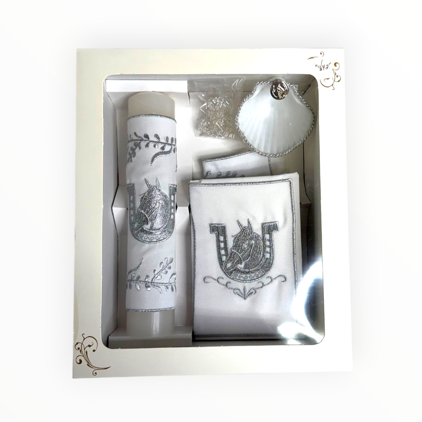 White & Silver Horse Baptism Candle Set