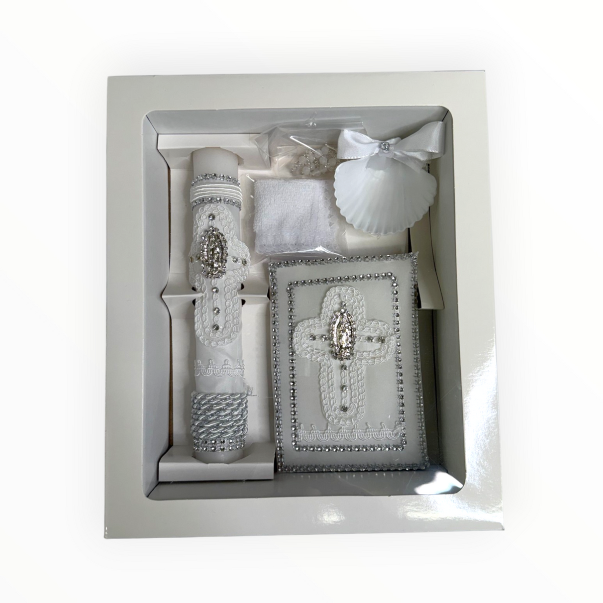 Virgen de Guadalupe Cross Baptism Candle Set – White & Silver